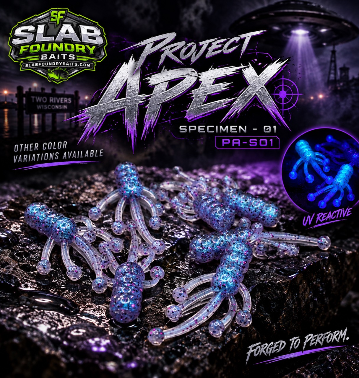 Project Apex Specimen 01 soft-plastic creature baits in a translucent blue and purple glitter color, with a UV-reactive inset