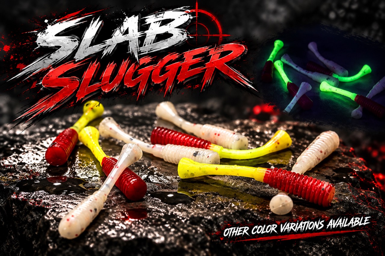 Slab Slugger baits in red, pearl and chartreuse, with glowing color variations shown in the inset