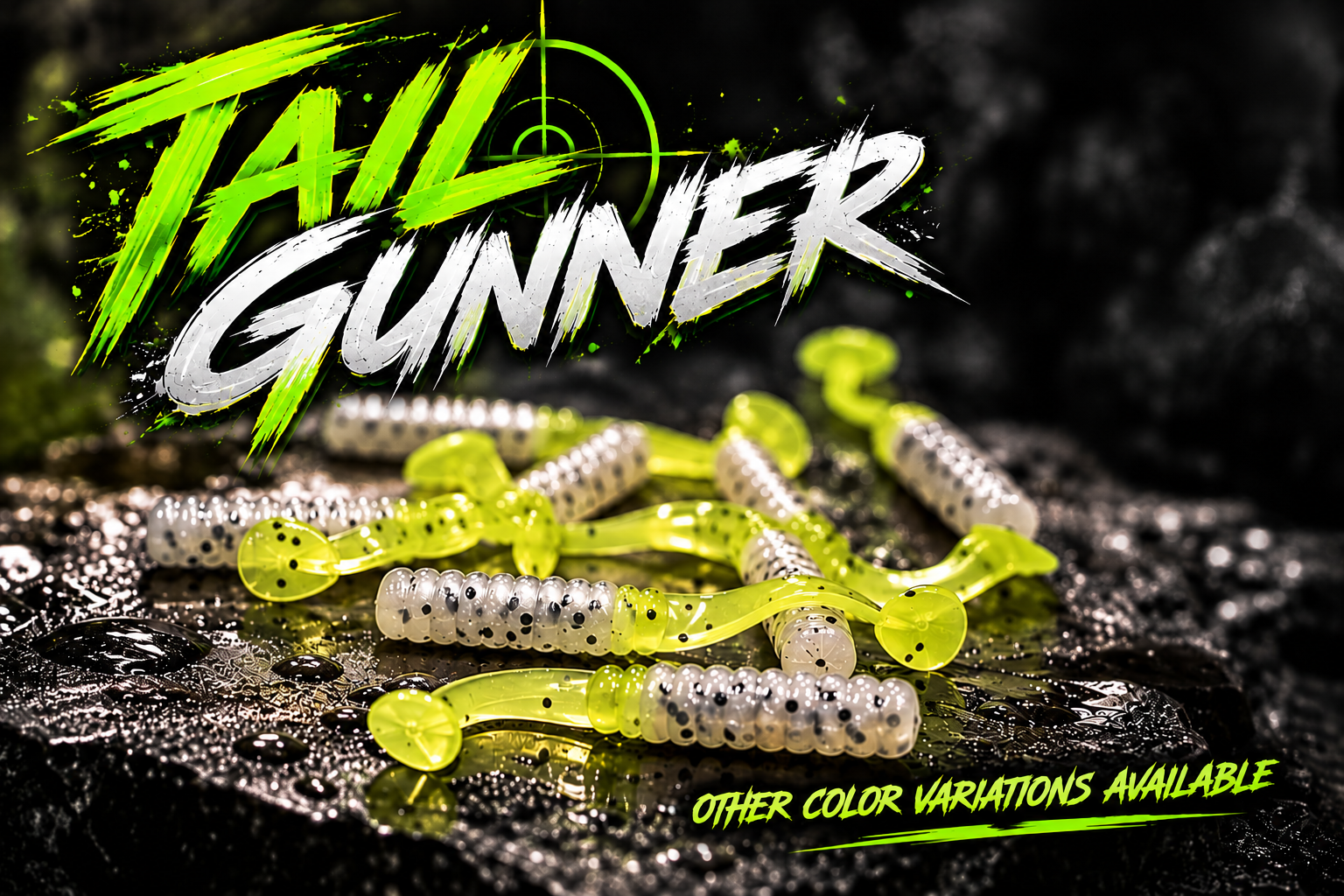 Tail Gunner paddle-tail baits with speckled pearl bodies and chartreuse tails; other color variations available